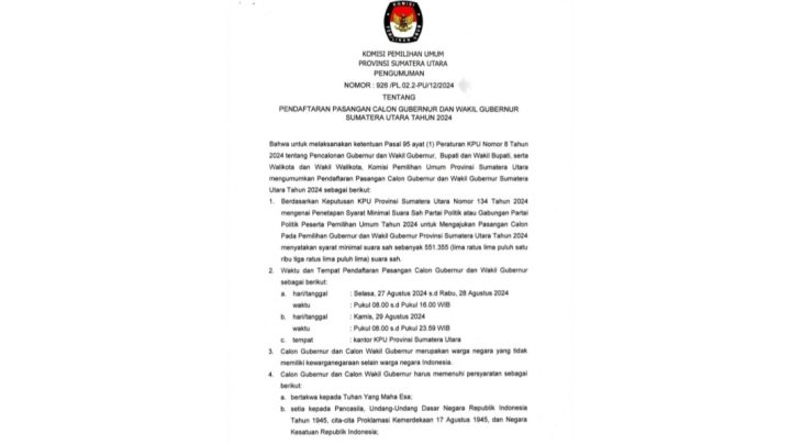 Pendaftaran Pasangan Calon Gubernur dan Wakil Gubernur Sumatera Utara 2024